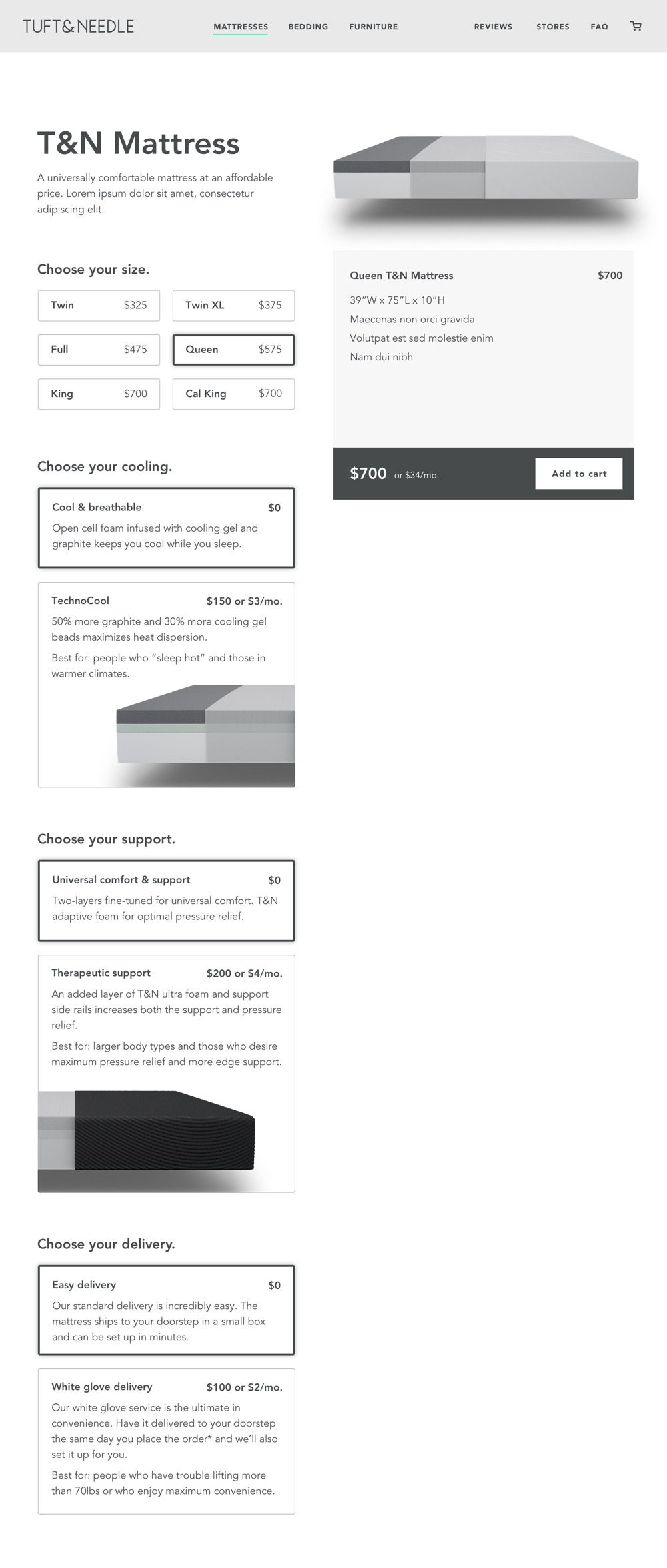 A wireframe for the first step of the product page selector