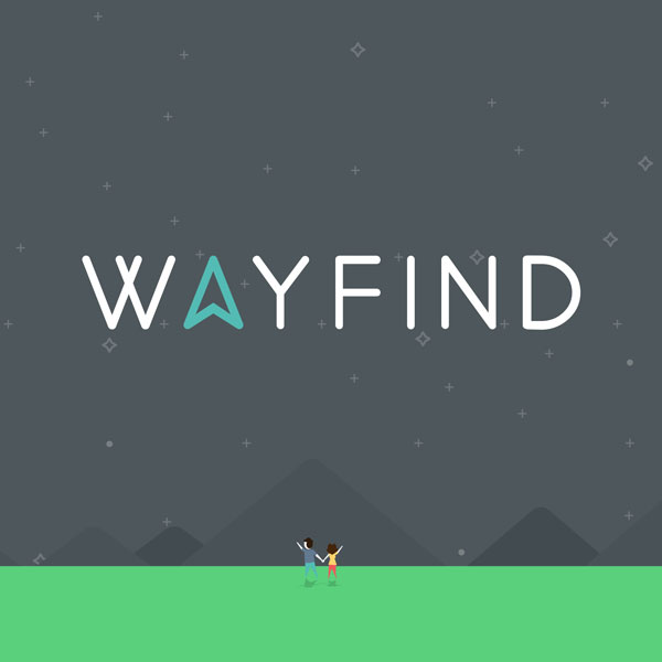 An illustration of two characters looking up at the stars. The Wayfind logo sits in the sky.