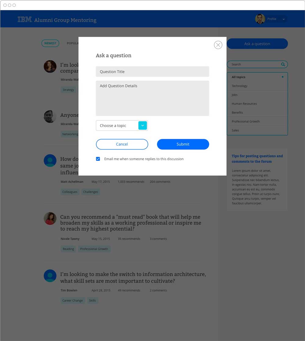 A comp of the ask a question modal.