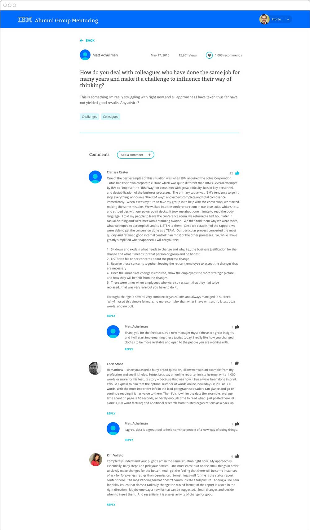 A comp of the discussion detail page showing multiple layers of comments and responses.