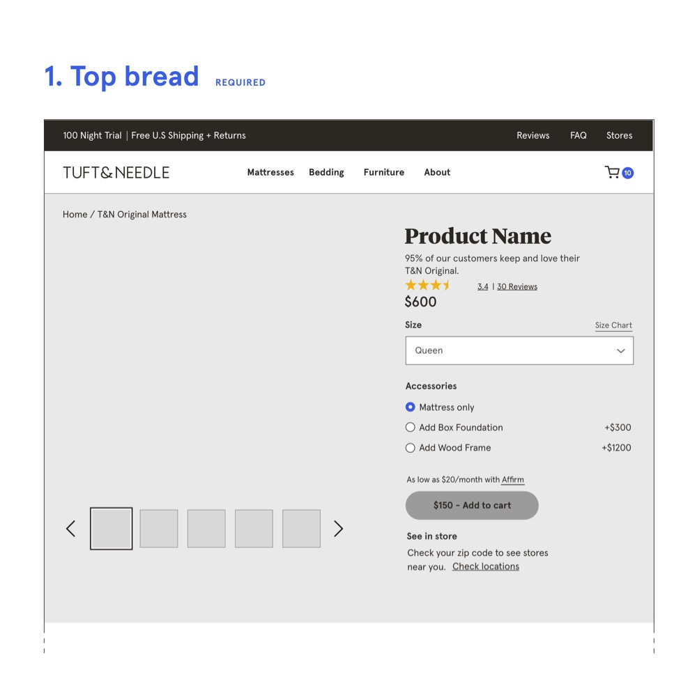 A comp of the new Serta product detail page viewed at 1024px wide.