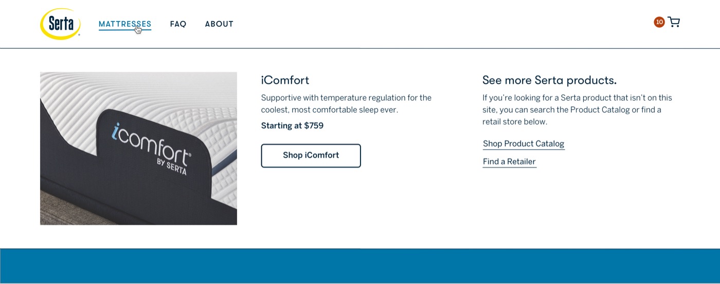 The serta.com navigation drawer opens because the mouse is hovering over the mattresses link