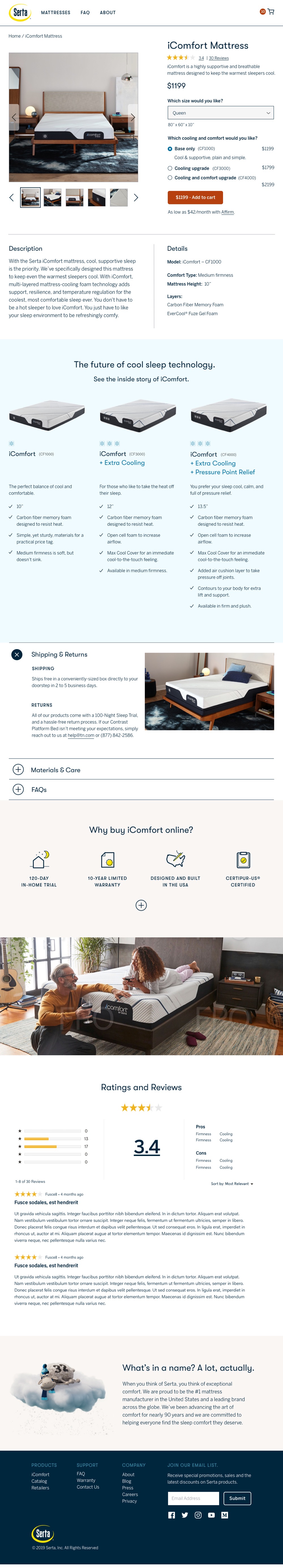 A comp of the new Serta product detail page viewed at 1024px wide.