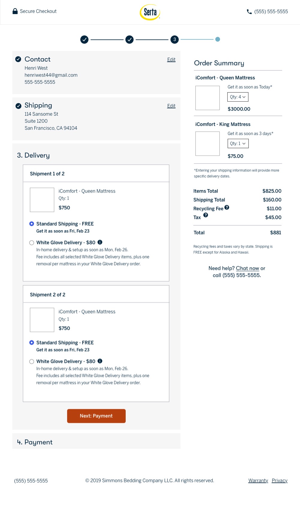 A comp of the 3rd step of checkout on serta.com. This step collects delivery information.