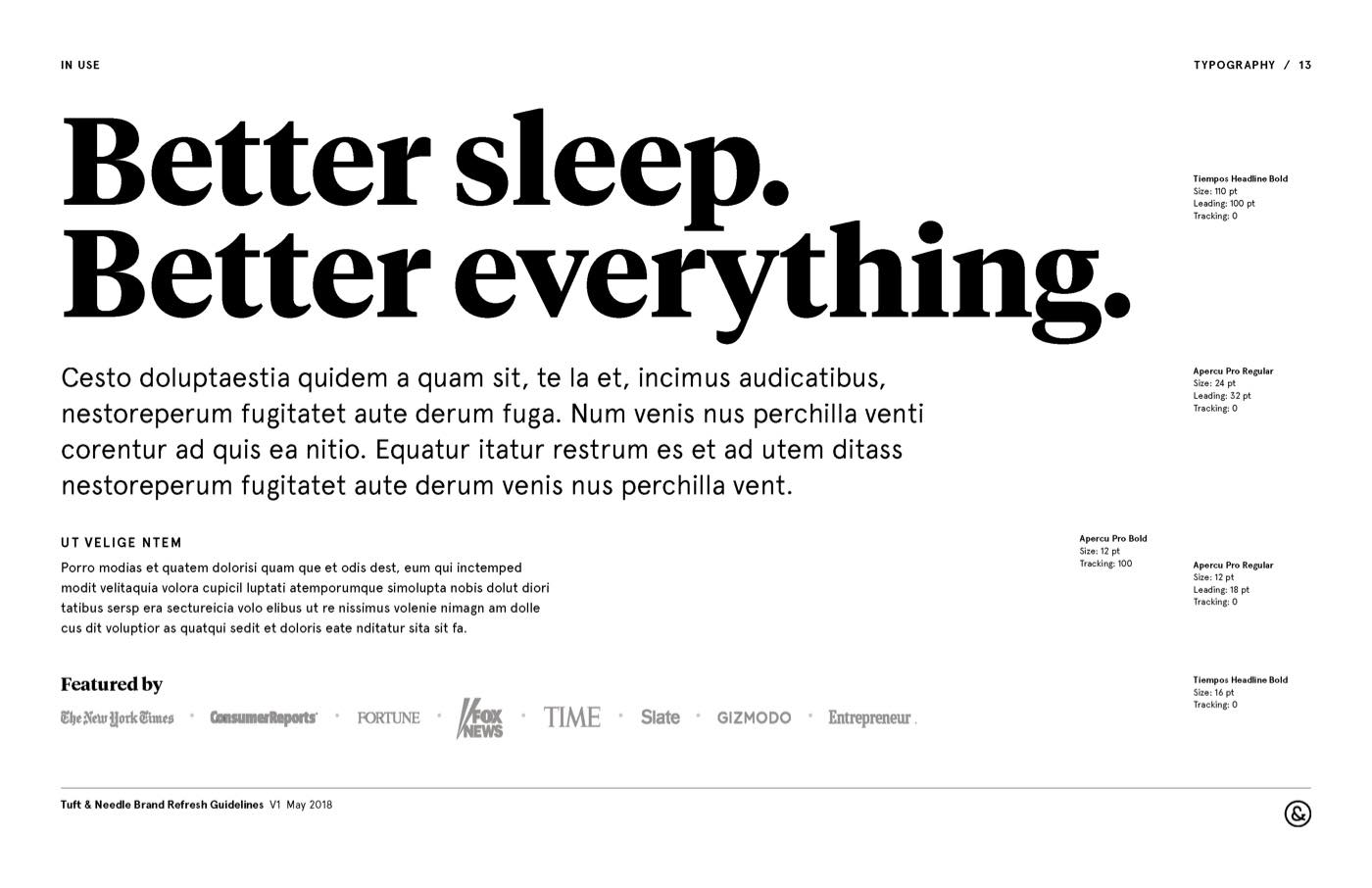 A page showing how our type styles might be used to communicate together. It includes Tiempos, our big impact headline font, and Apercu, our workhorse san serif.