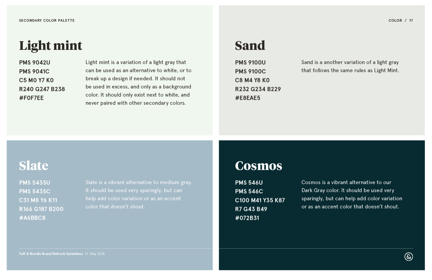 A sheet from our brand book establishing our main brand colors and their pantones and other color values.