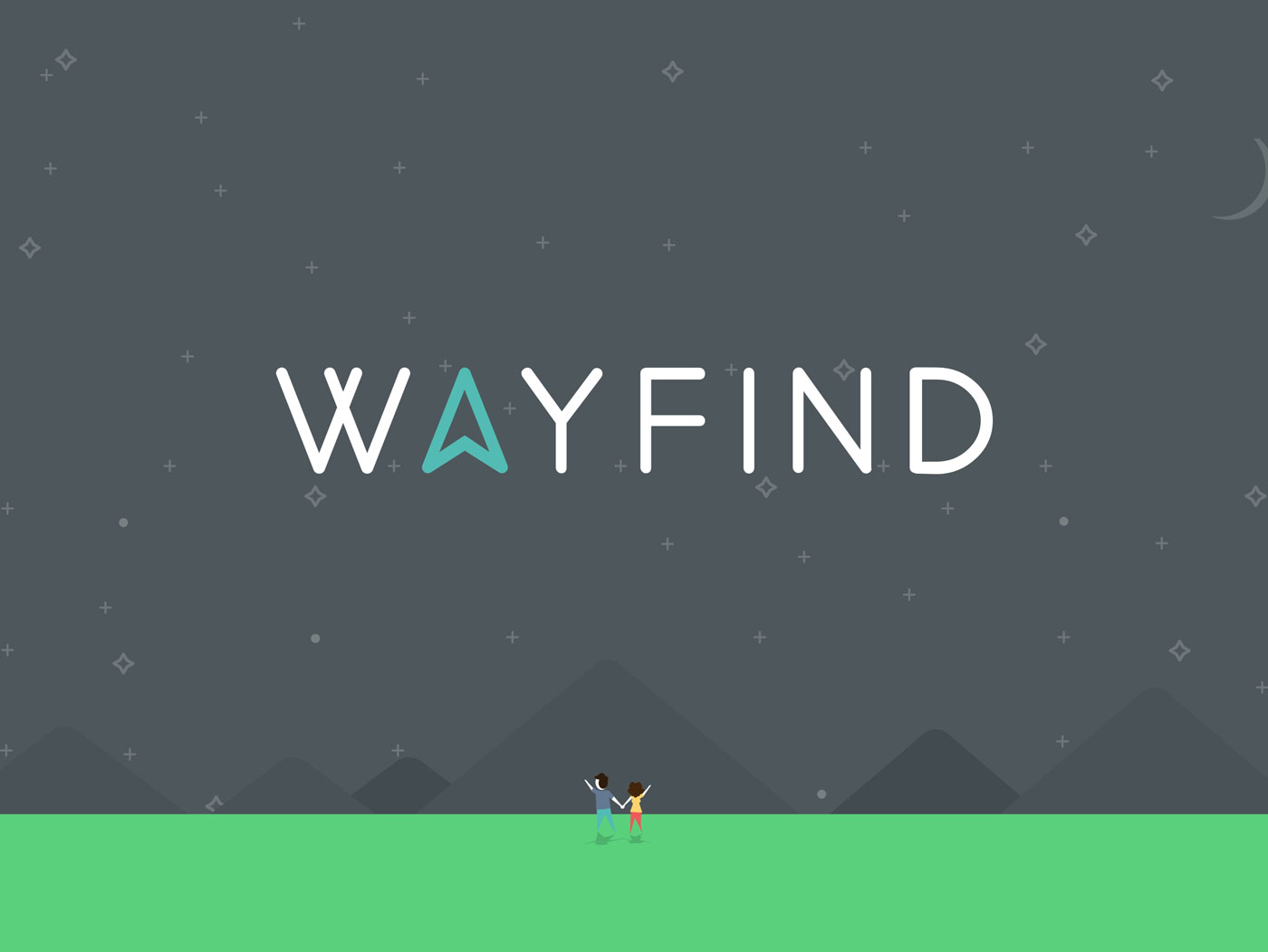 An illustration of two characters looking up at the stars. The Wayfind logo sits in the sky.